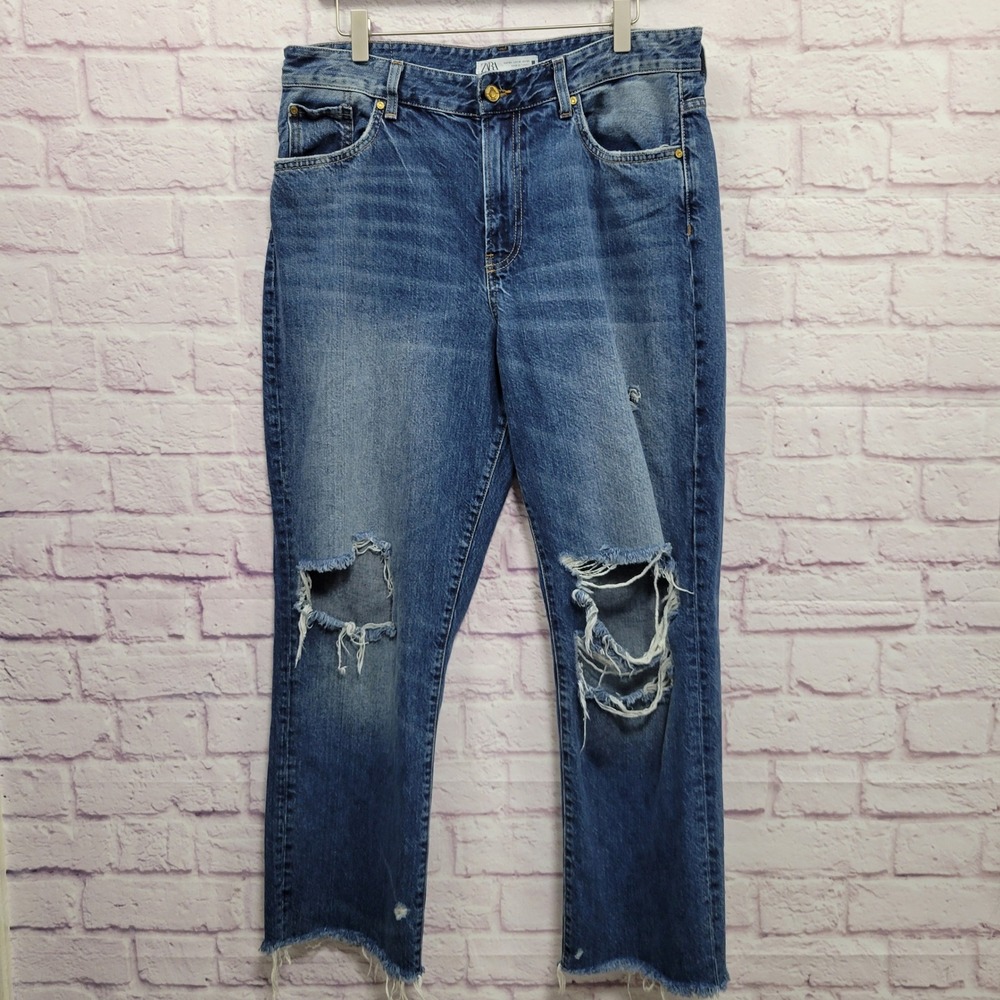 ZARA Distressed Straight Leg Mom Jeans Women 10 High Rise Blue Grunge Streetwear